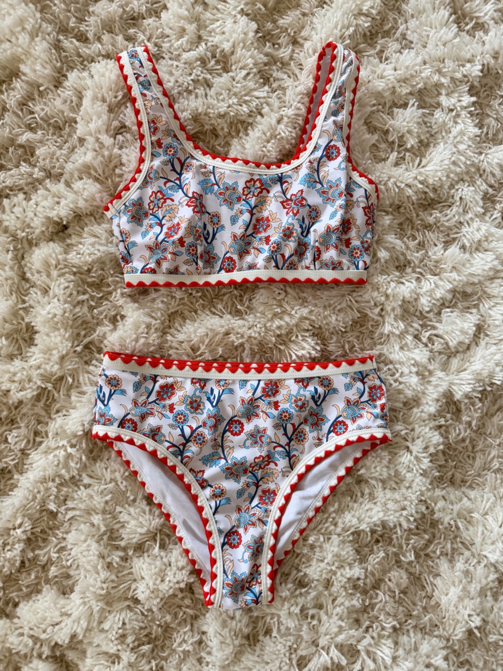 Amazon White Floral Bikini with Red Trim and Blue Accent